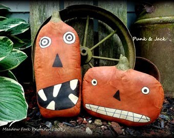 Extreme Primitive Folk Art-Punk & Jack Fall Pumpkin Shelf Sitters-Halloween-Fall, Autumn, October, Home Decor
