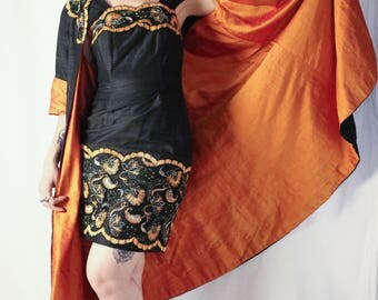 1950s black raw silk dress and matching coat - embroidered lace appliqué with jewels