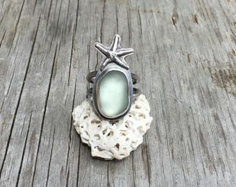 Sterling Silver Ring, Sea Glass Ring, Sea glass Jewelry, Starfish Ring, Mermaid Ring, Statement Ring, Pale Blue Sea Glass, Seaglass Ring