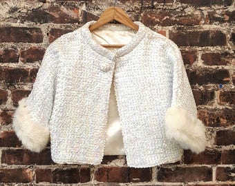 1960s White Sequin Jacket with Mink Fur Cuffs. 60s Cropped Jacket, Quarter-Length Sleeves, Iridescent Sequins, White Fur Trim