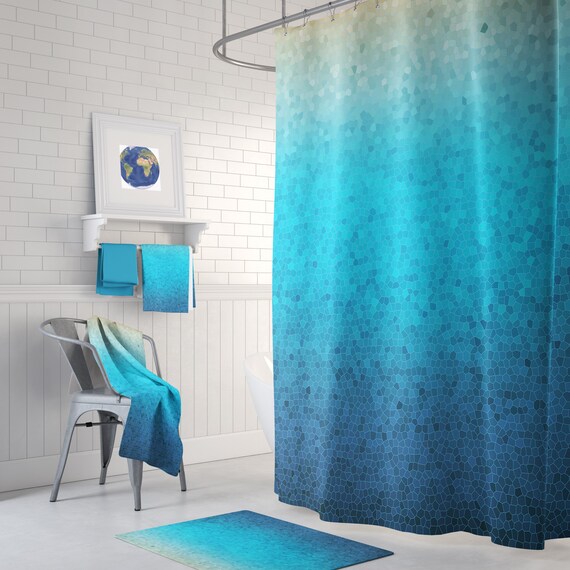 Sea Glass Mosaic Shower Curtain Set blue ombre mosaic style