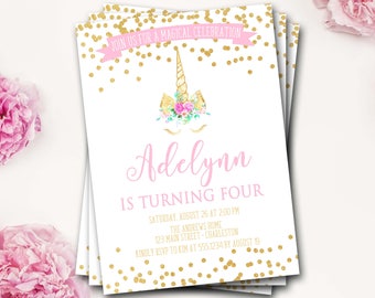 Unicorm Birthday Invitation, Unicorn Invitation, Unicorn Invite, Girl Birthday, Pink and Gold, Unicorn Party, DIY Printable