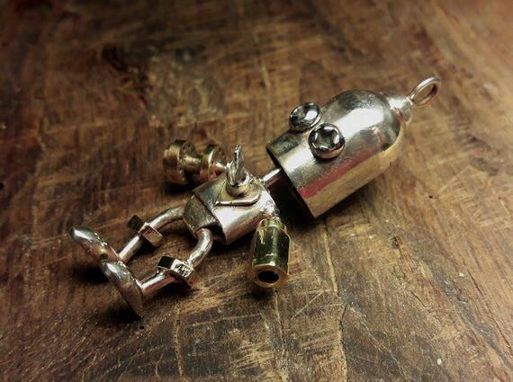 Robot unique handmade steampunk silver pendant OOAK by JenyartUnique steampunk buy now online