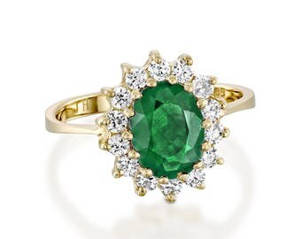 1 carat Green Emerald Engagement Ring-Diamond ring with Emerald-Green Emerald-Oval cut engagement ring-Diana Ring-Natural Emerald Ring