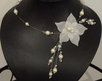 Wedding bridal necklace Pearl White or ivory satin flower, glass beads
