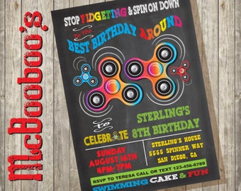 Fidget Spinner Birthday Party Invitation on a chalkboard background
