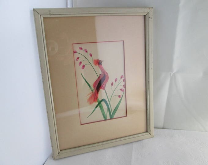 Vintage Hand Painted Mexican Feather Art w Pink Bird Framed Art Bird Print Hand Made Art Feather Art Pink Feather Bird picture bird art