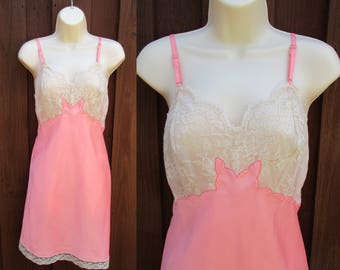 Pink with White Lace Fischer Heavenly Lingerie Full Slip Mini Slip Vintage Lingerie Size 32