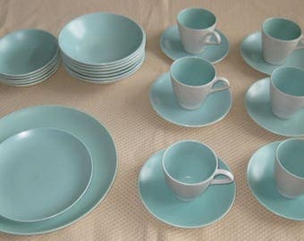 SALE -- 26 Pcs. POOLE POTTERY Dishes, Sea green (aqua) and Dove Grey. Cups, Saucers, Bowls, Plates