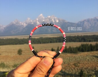 Pink friendship bracelet - "Untamed" - pink black and white fiber bracelet made with cotton and merino wool - wanderlust bracelet