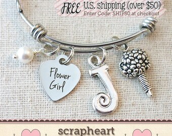 FLOWER GIRL Gift, Flower Girl Bouquet Charm Bracelet, Custom Flower Girl Jewelry, Flower Girl Keepsake Bangle, Will You Be My Flower Girl