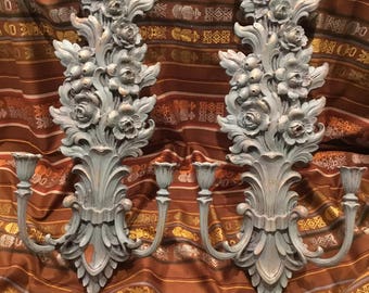 Syroco Double Candle Holder Gold Wall Sconce, Large Ornate Floral Wall Decoration