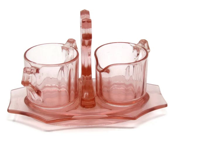 Pink Depression Glass Cream and Sugar With Tray - Decagon Pink by Cambridge - Pink Depression Glass Serving - Rare Depression Glass Mom Teen