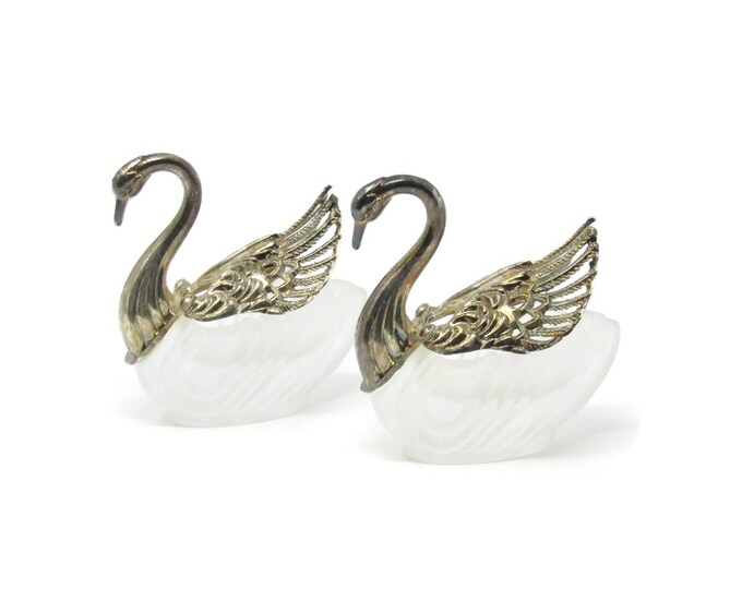 Vintage Swan Salt Cellars with Articulated Silver Plate Wings Crystal - Bridal Gift- Shower Gift - Housewarming Gift -Vintage Serving Mom
