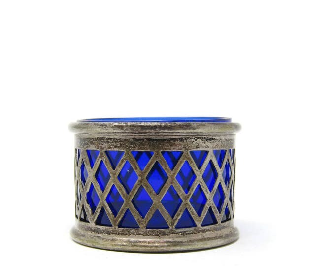 Vintage Silver Plate & Cobalt Glass Open Salt Cellar - Made in England - Silverplate Open Salts and Cobalt Blue Liners - Vintage Serving