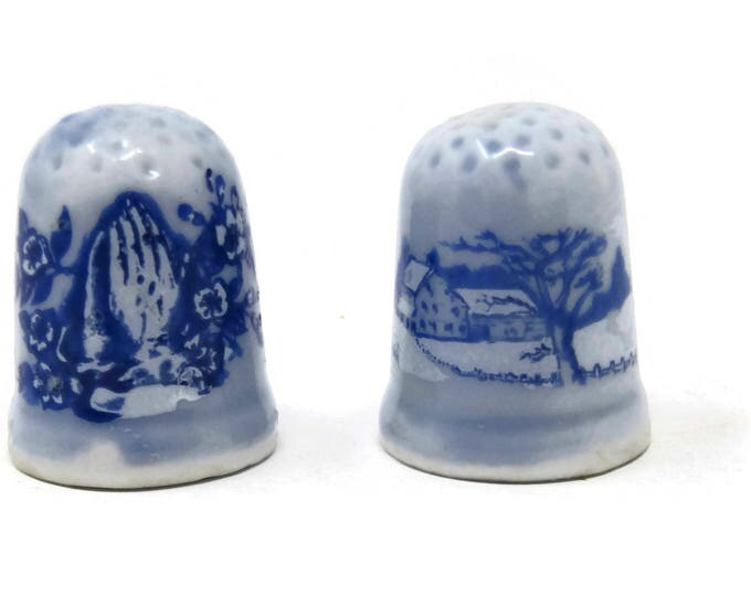 Vintage Porcelain Thimbles - Blue Currier and Ives Porcelain Thimbles Set - Blue White Porcelain Thimbles Home in Wilderness Praying hands
