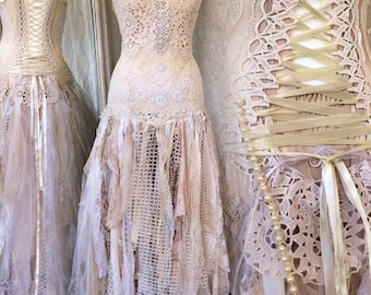 Wedding dress fairy goddess,ethereal bridal gown,bridal gown gold and cream,boho wedding tattered dress,farm wedding,bohemian wedding dress