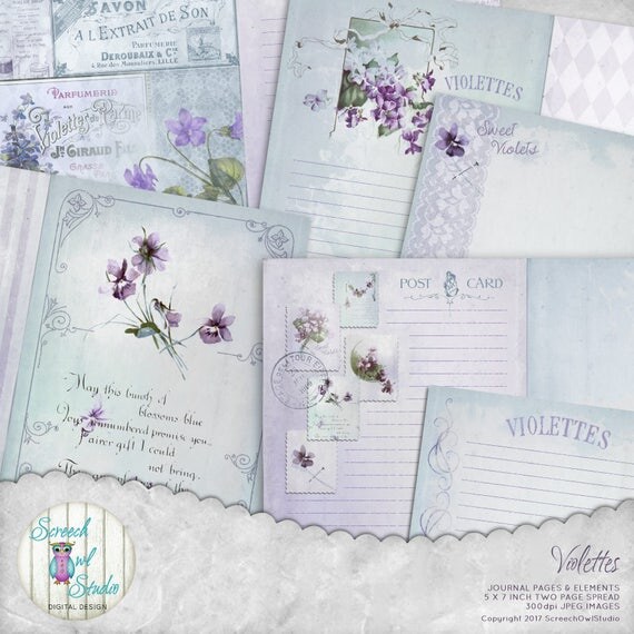Journal Pages and Elements, Violets, Junk Journal Kit, Printable Journal, Paper Craft Supplies, 5 x 7 " Two Page Spread - 'Violettes'