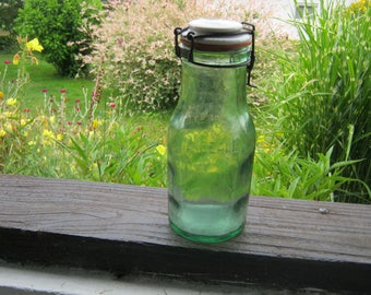 Glass Preserving Jar, French L'Ideal Glass Jar, Green Glass and Porcelain Bottle