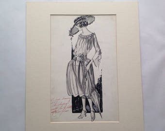 Vintage Original Fashion Drawing, April 1922, Maryiette Volsang Boston Massachusetts Haute Couture 1920s Dress design