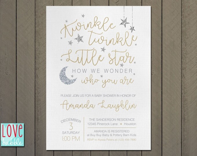 Twinkle Twinkle Little Star Baby Shower, White Gold, Silver, Stars Moon -  PRINTABLE DIGITAL FILE 5x7