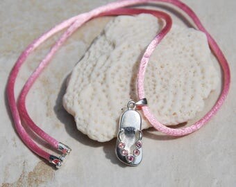 Sterling Silver flip flop neckace, vintage flip flop charm, pink necklace, crystal flip flop, pink satin necklace, silver pink crystal charm