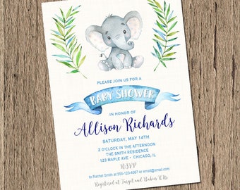 Baby shower invitation boy Elephant baby shower invitation, baby elephant shower invite, little peanut baby shower, watercolors, Printable