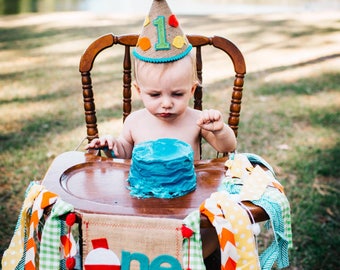 FISHING Birthday High Chair Highchair Banner Party Cake Smash Camping Hunting Woodland Fish Blue Green Orange Red Fabric First One Custom