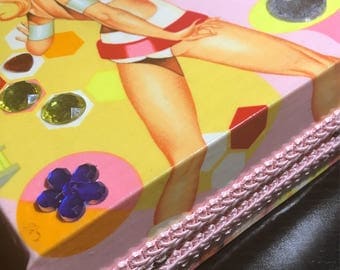 RERSERVED for Boni/Vintage Cigar Box Purse, pink, space, jeweled, pin up ladies, beaded handle, retro seventies coolness!