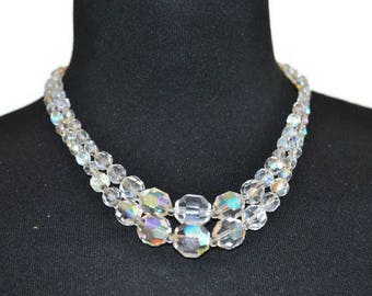 Vintage Aurora Borealis Necklace // 1950's Sparkly Crystal Necklace with Aurora Borealis Clasp/ // Graduated Bead Necklace
