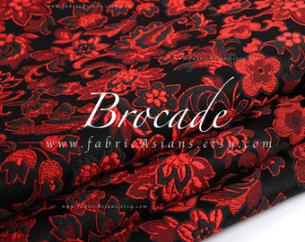 Red Black Brocade Jacquard fabric by the yard.