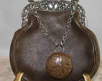 Antique 1900 Leather Purse With Chain And Knob Handle