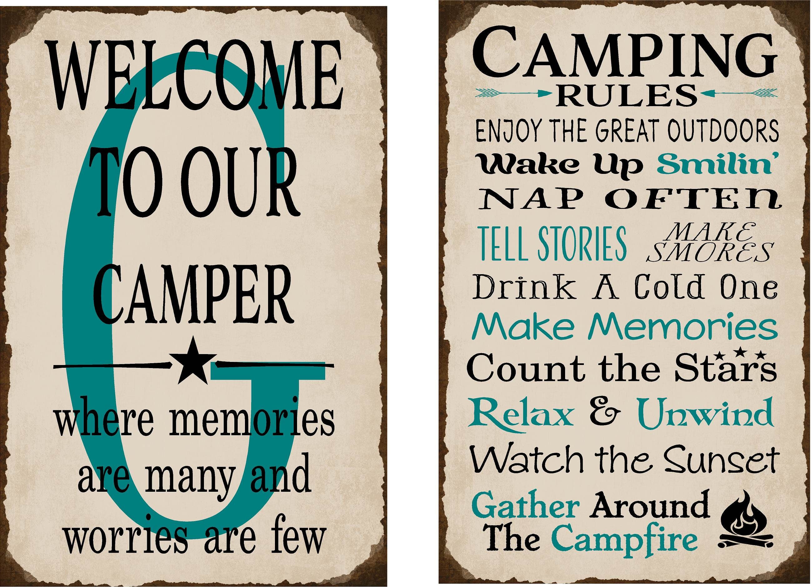 Custom To Camper & Camping Rules Metal Sign Set