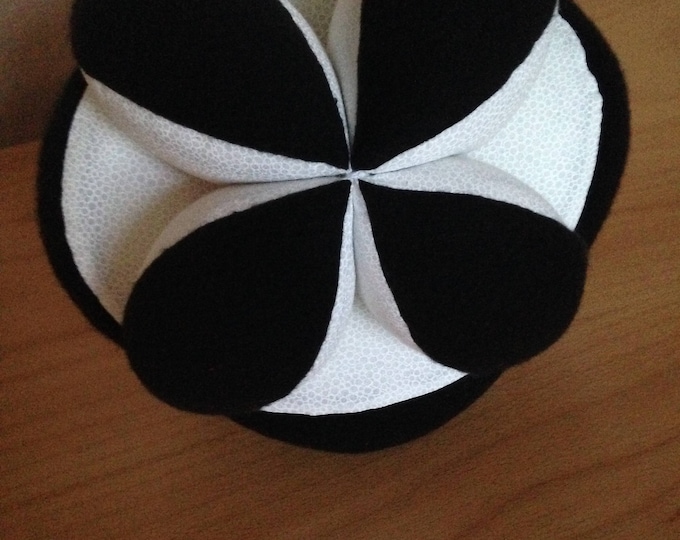 8" White and Black Soccer Ball. Montessori Puzzle Ball. Soft White Soccer Ball with Black Fuzzy Fleece insets. Sensory Learning Toy