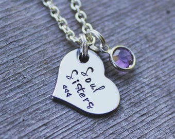 Soul Sister Heart Necklace with Swarovski Crystal - Stainless Steel Hand Stamped Soul Sister Necklace with you choice of Crystal - Necklace