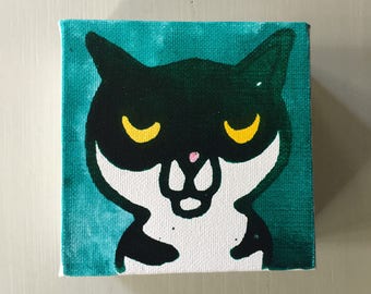 Cat 01 Ink Painting on Mini Canvas 4"x4" by Marius Valdes