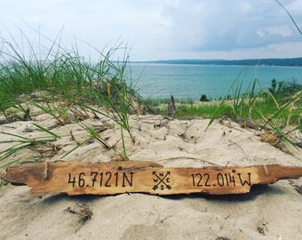 Longitude Latitude Driftwood Sign Housewarming Gift, Custom GPS coordinates lake house wood decor new beach home couple wedding anniversary