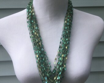 Green Yarn Necklace, Green Ladder Yarn Necklace, Scarf Necklace, Green necklace, Neckwear, Stocking Stuffer, Wife Gift, Under 15, Mom Gift