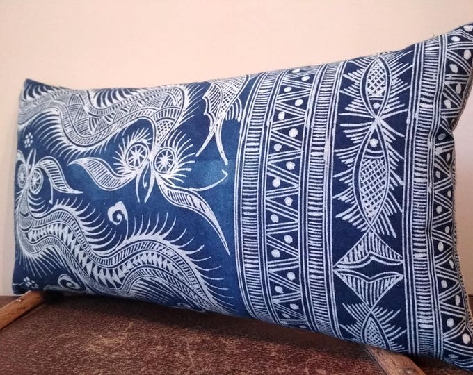 11"x 20" Blue Miao Vintage Batik Pillow Cover, Hill Tribe Cotton Batik Pillow Case, Boho Throw Pillow, Ethnic Costume Textile Cushion Cover