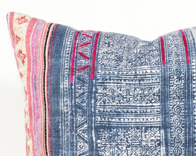 18"x 18" Vintage Hemp Blue Indigo Batik with Pink Stripes / Hmong Hemp Pillow Cover / Exotic Textile / Ethnic Costume Pillow Case