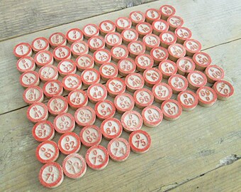 Lot of 75 vintage wooden bingo numbers, lotto numbers, chips, markers. Complete bingo number set.
