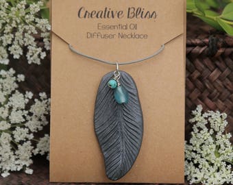 Handmade Essential Oil Diffuser Necklace | EO Clay Pendant | Oil Diffuser Jewelry | Aromatherapy | Feather | Shimming Dark Gray | Boho