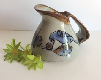 Ken Edwards Mexico Tonala El Palomar Pottery Pitcher, Mid Century Butterfly, Flower And Blue Bird Southwest Mexican Pottery, Collectible Art