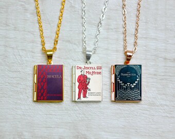 Horror Book Cover Locket Charm Jewelry Jewellery Necklace / Bracelet / Dracula / Frankenstein / Jekyll and Hyde / Dorian Gray Library Card