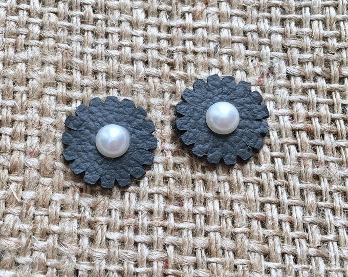 Leather Flower Posts, Leather Flower Studs, Flower Earrings, Leather Earrings, Black Leather Studs, Rivet Earrings, Flower Studs