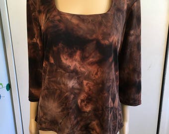 80's Stretchy Tie-Dye Look Shirt/Vintage Women's Blouse/Brown And Black/Size X-Large/Top/1980's
