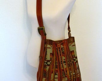 Pendleton Bucket Leather Bag Southwestern Style Shoulder Bag with Fringe Brown Genuine Leather Drawstring Crossboby Bag Original Design