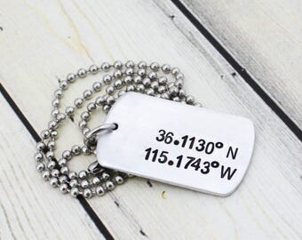 Hand Stamped Location Necklace - Personalized Latitude Longitude Necklace - Coordinate Jewelry - Men's Custom Coordinates Necklace