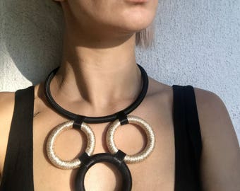 Bib rope necklace, choker necklace, statement necklace, ethnic necklace, boho chic necklace, ethnic jewelry, boho chic jewelry, black Gold