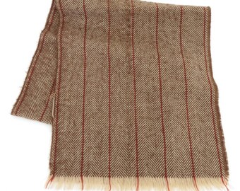 Herringbone scarf, vintage, brown, white, red, unlabeled, 52 inches long